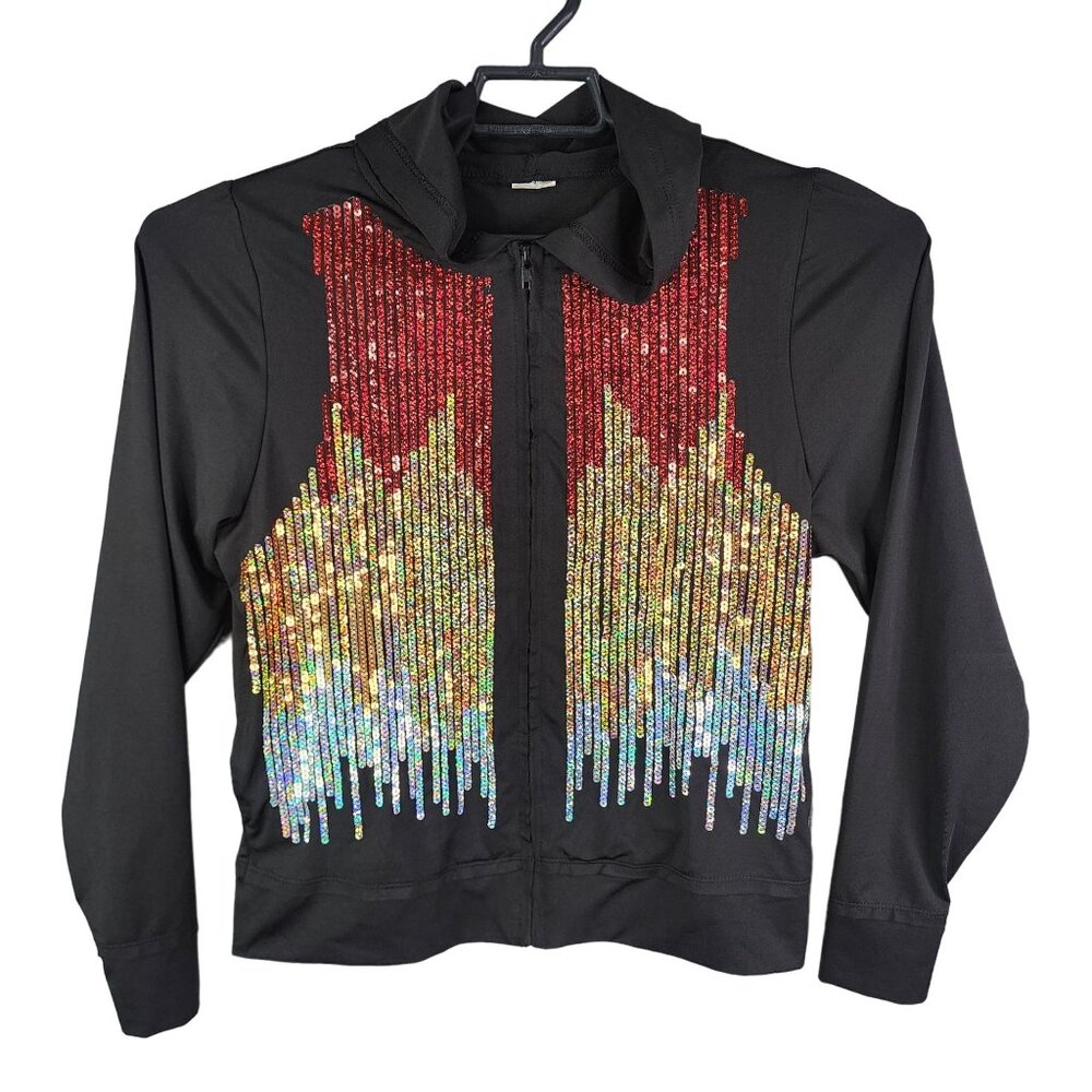 Womens Black Costume Gallery Dazzle Hooded Jacket w/ Sequined Front Full Zip M